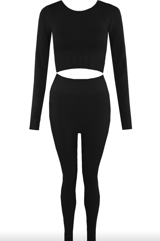 Sasha Black Long Sleeve Ribbed Crop Top & Leggings Set