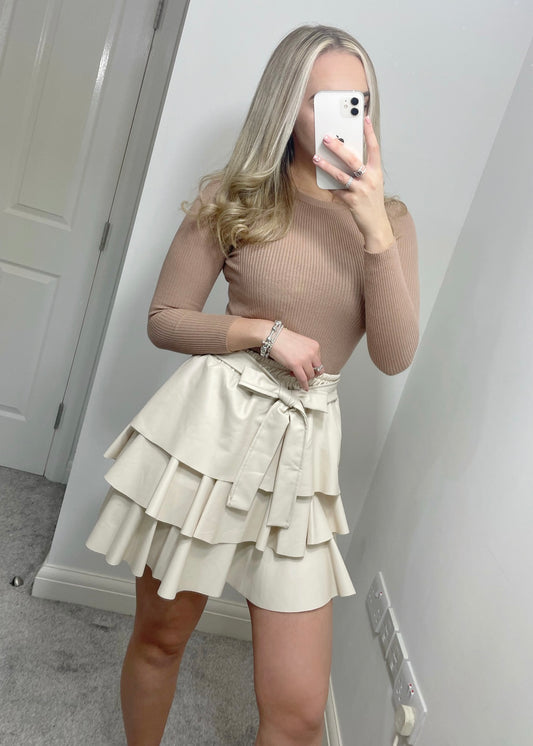 Thalia Cream Frill Leather Skirt